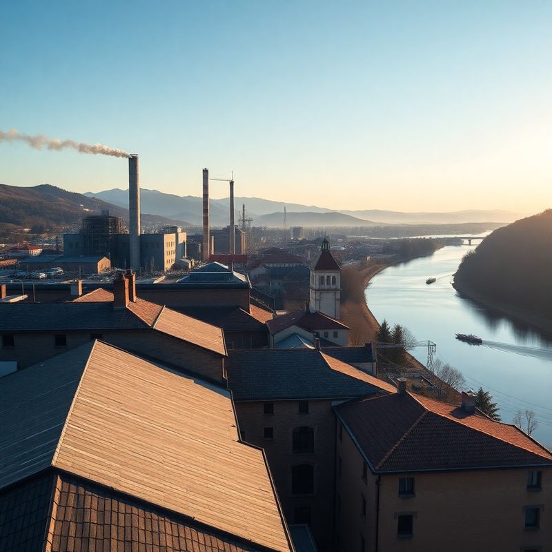 Panorama industrijskega obrobja Novega Mesta v jutranji svetlobi
